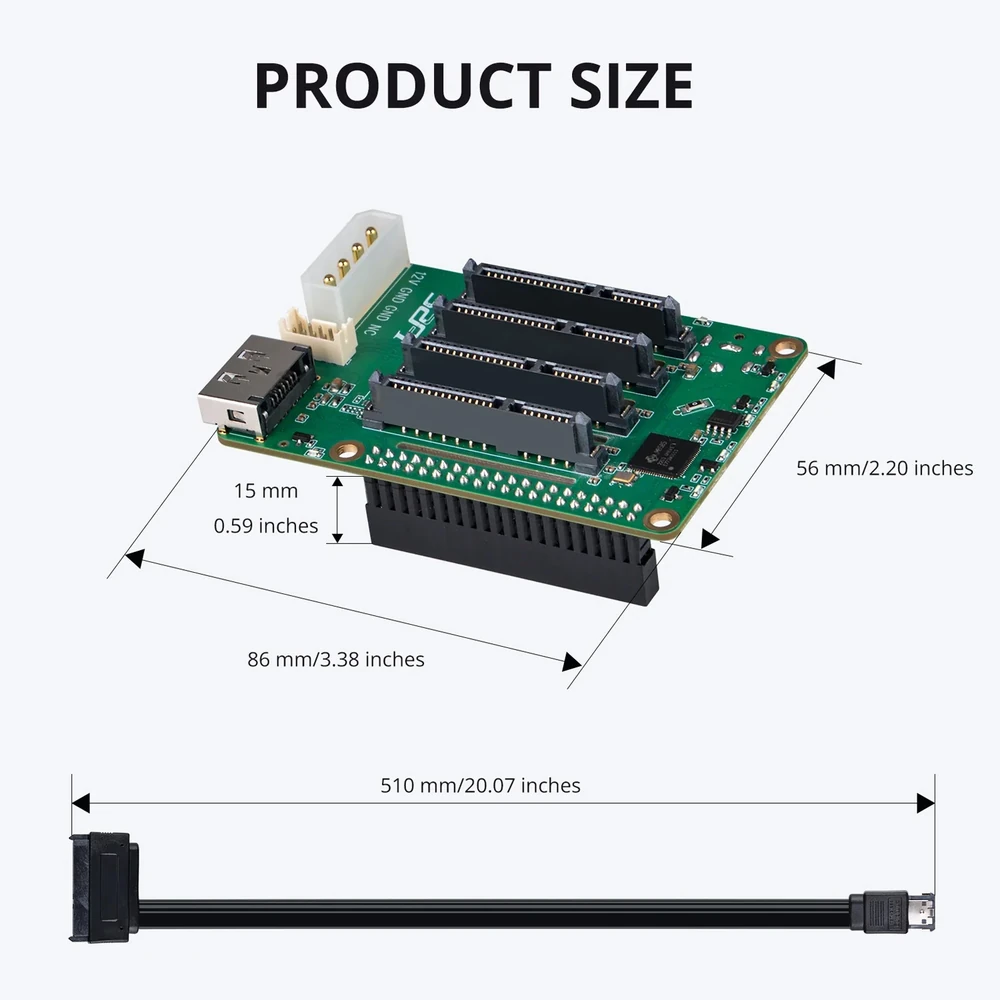 52Pi 5-Bay SATA PCIe Storage HAT for Raspberry Pi 5, DC/Molex - Image 2
