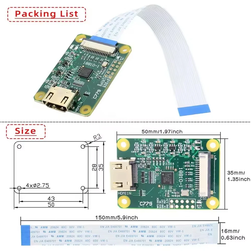 Raspberry Pi HDMI to CSI-2 Adapter Board C779 with FFC Cable - Image 3