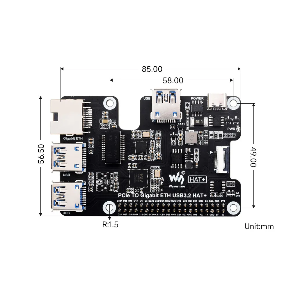 Waveshare PCIe Gigabit ETH & USB 3.2 Gen1 HAT for Raspberry Pi 5 - Image 3