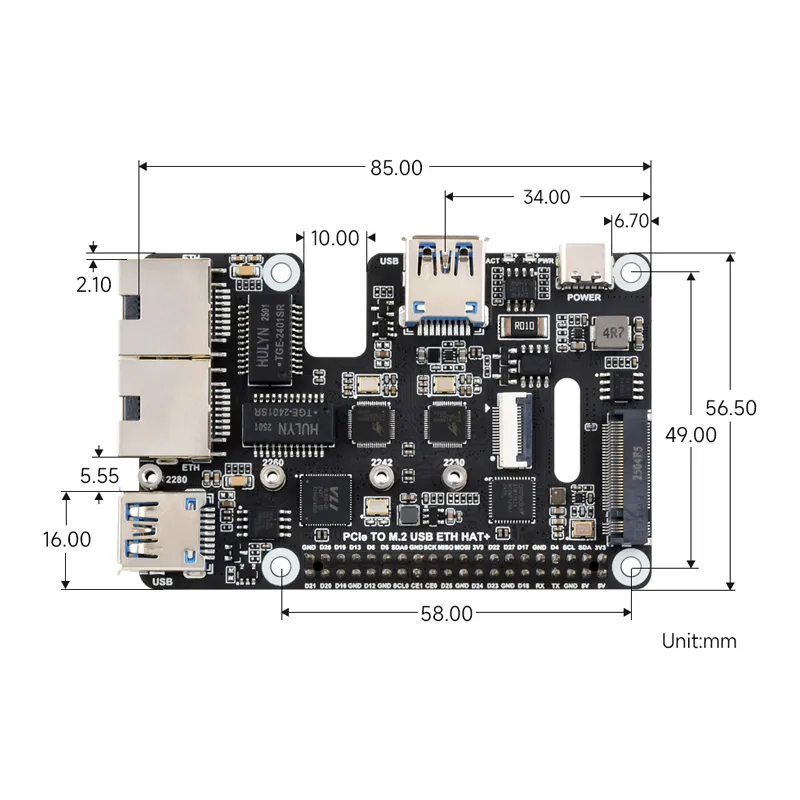 Waveshare PCIe to USB 3.2, 2.5G ETH, M.2 NVMe HAT for Pi 5 - Image 4