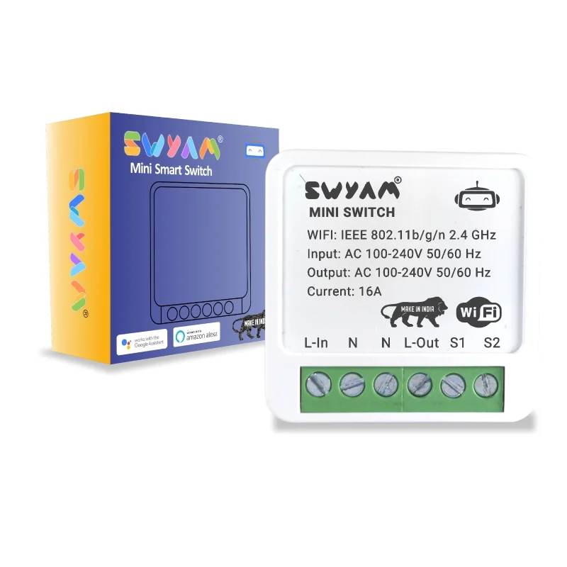 SWYAM Mini 2-Way WiFi Smart Switch, 16A Load, Alexa/Google