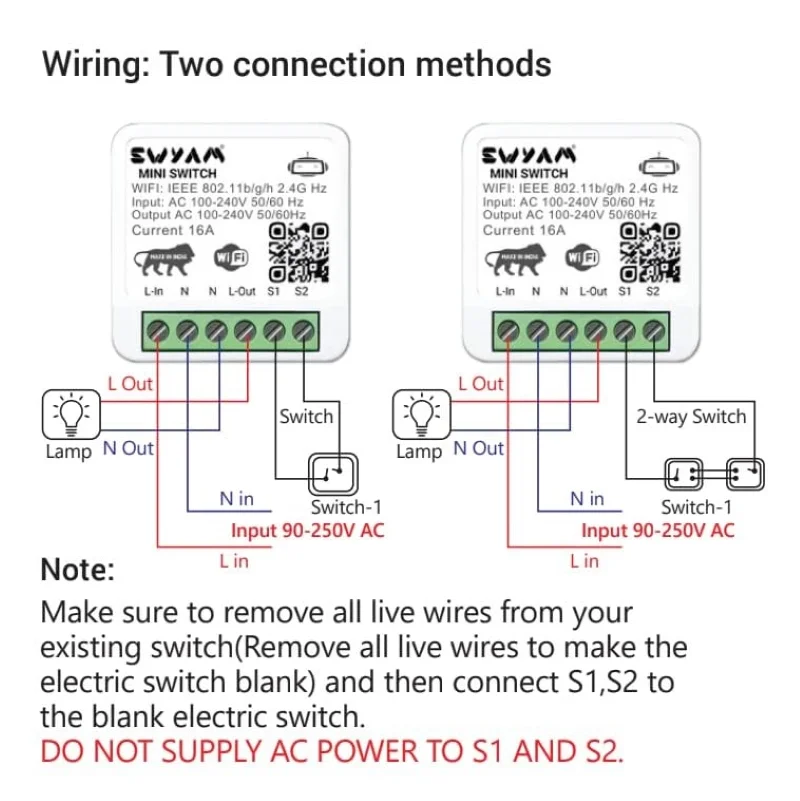 SWYAM Mini 2-Way WiFi Smart Switch, 16A Load, Alexa/Google - Image 4