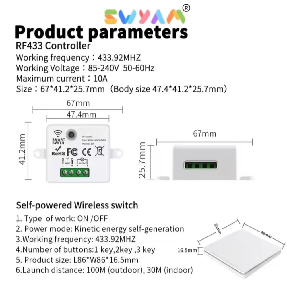 SWYAM No Battery Self Powered Kinetic Wireless RF Switch 1 Gang 1 Receiver - Image 8