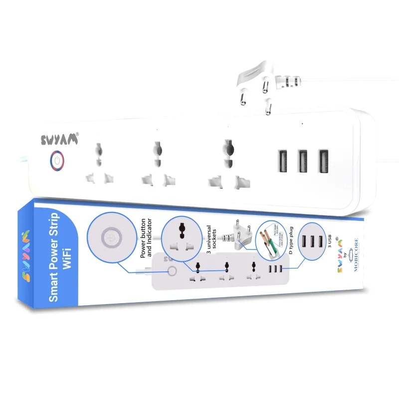 SWYAM Smart WiFi Power Strip w/ 3 AC Outlets & 3 USB Ports, 2m Wire