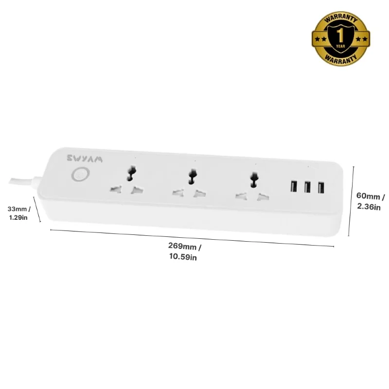 SWYAM Smart WiFi Power Strip w/ 3 AC Outlets & 3 USB Ports, 2m Wire - Image 2