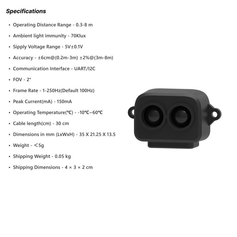 Benewake TF-LUNA Micro LiDAR Distance Sensor (Range: 0.2m~8m) - UART/I2C Interface - Image 6