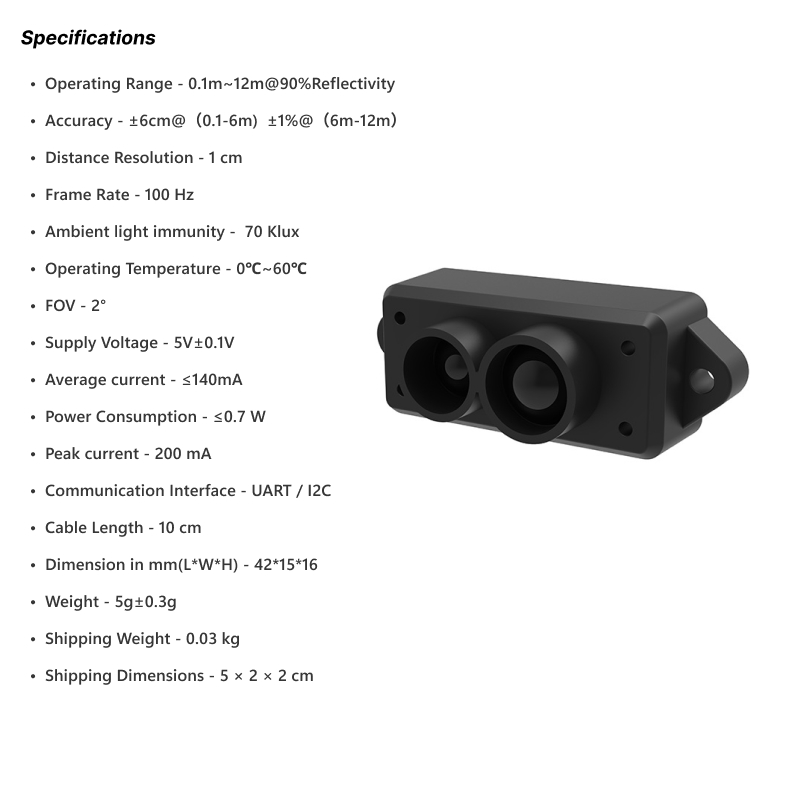 Benewake TFMini-S Micro LiDAR Sensor UART, Range: 0.1m~12m - Image 6