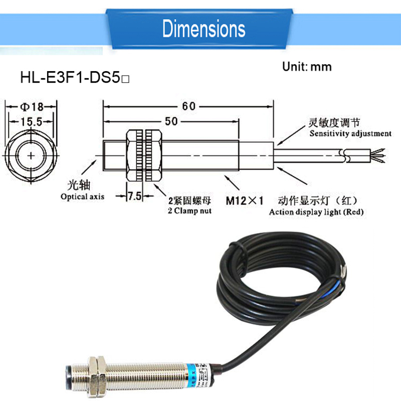 Generic E3F1-DS5C4 Photoelectric Sensor NPN NO/NC, DC 10–30V, 200mA, Adjustment Fixed Sensing Distance - Image 2