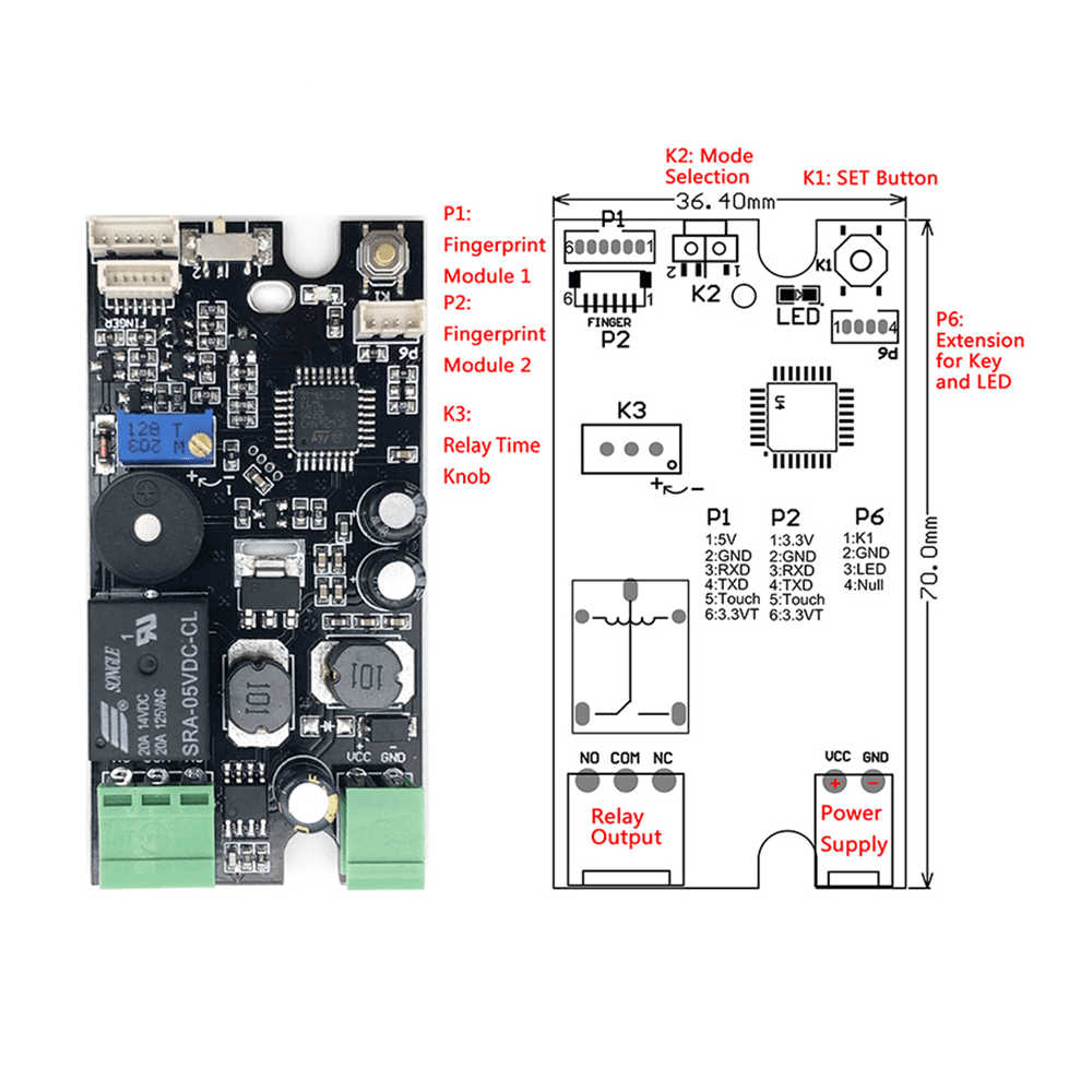 Grow K215 Fingerprint Control Board - 10-30V DC, 200 Fingerprint Capacity, Relay Output - Image 3