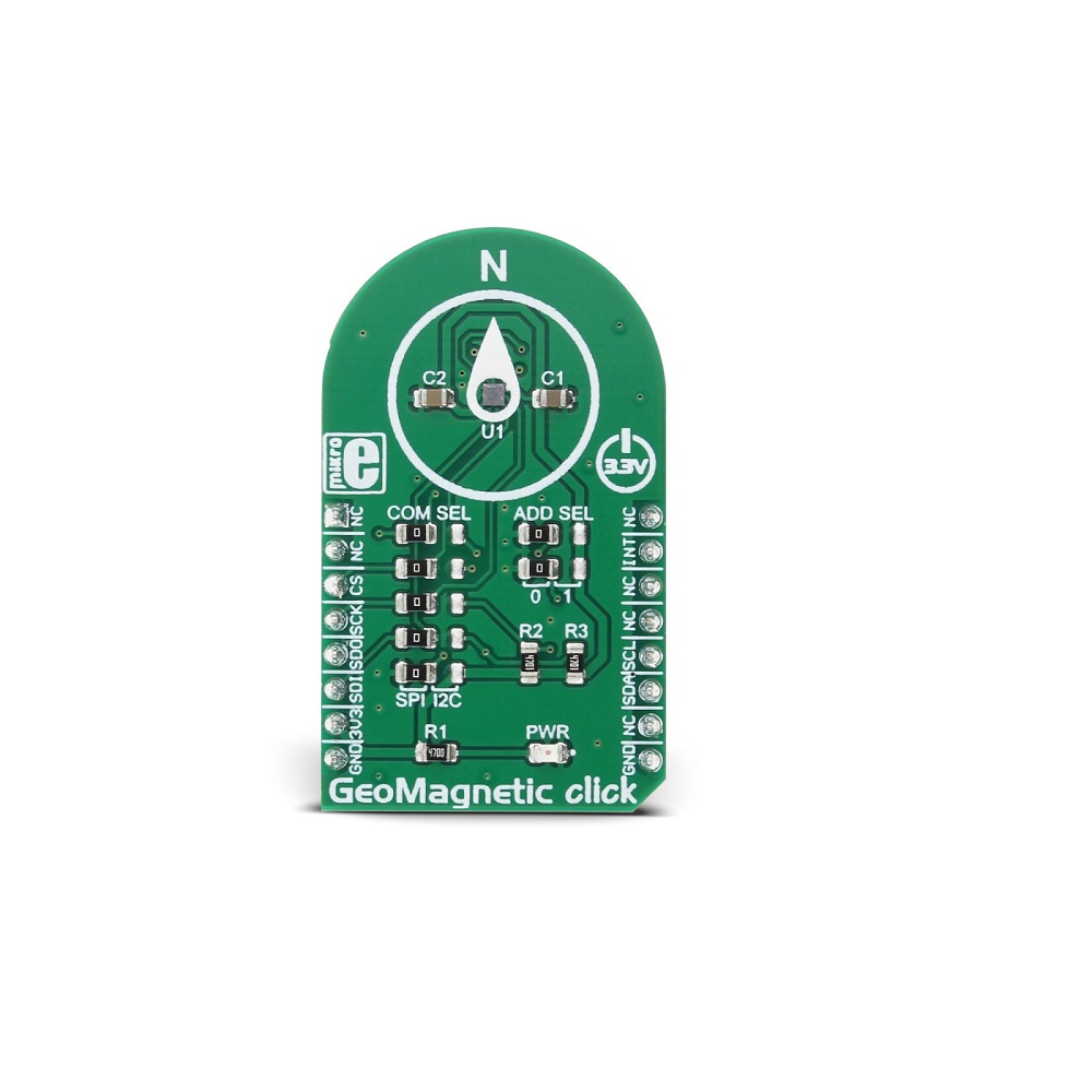 Mikroe GEOMAGNETIC CLICK (Mikroe-2935) – 3-Axis BMM150 Geomagnetic Sensor Board, I²C & SPI, Digital Compass & Magnetic Field Measurement, mikroBUS